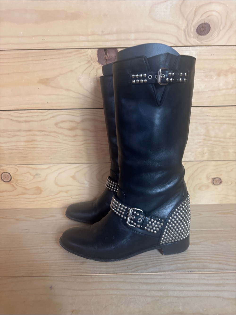 Christian Louboutin black leather studded moto boots 37 1/2 - Picture 3 of 16